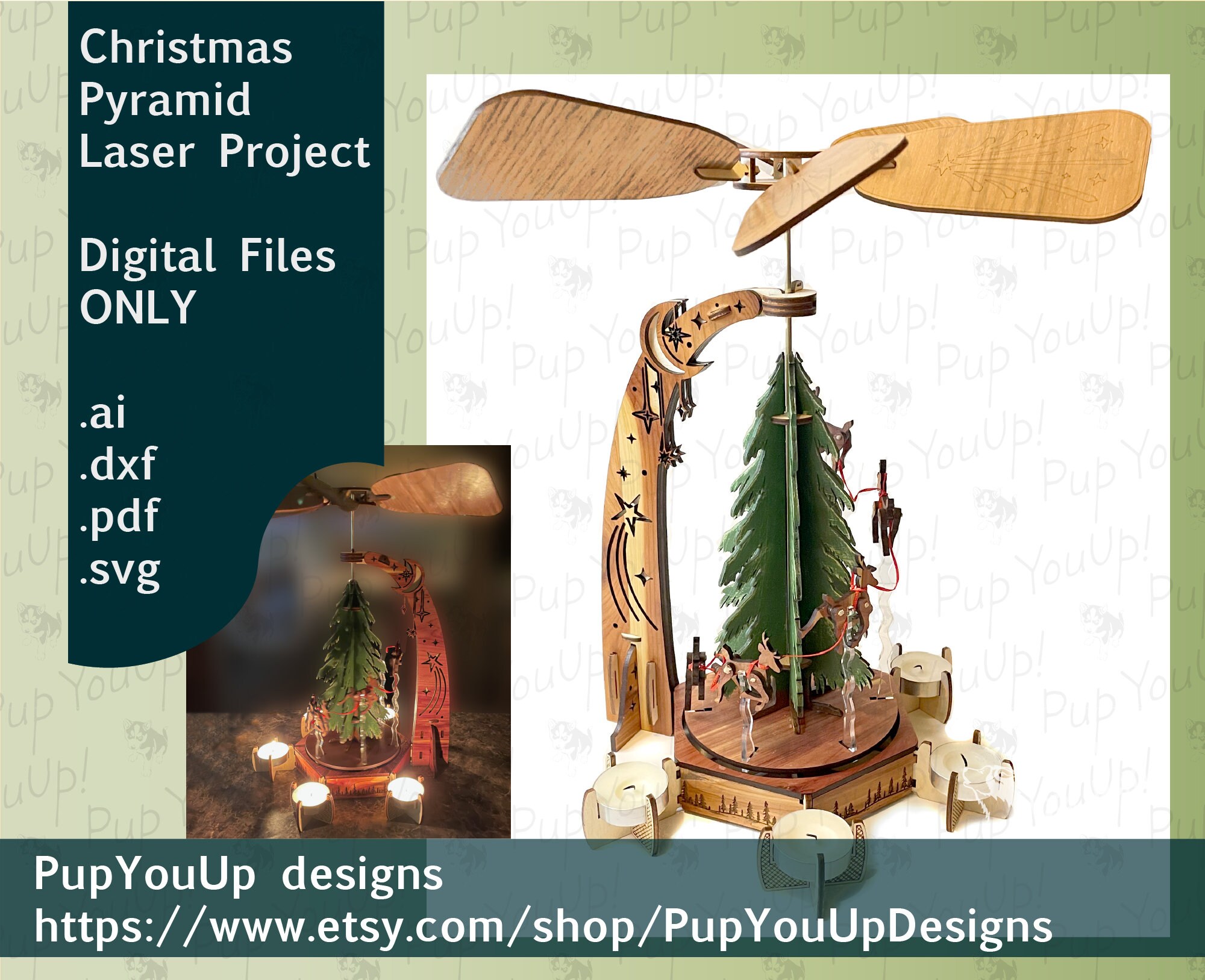 Santa & Reindeer Christmas Pyramid Candle Spinner Laser Etsy