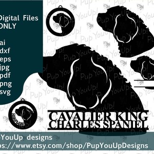 May include: Black and white digital file designs featuring a Cavalier King Charles Spaniel. Includes various silhouette options, a circular pendant design, and the breed name. The text "Digital Files ONLY" is visible.