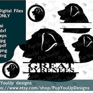 Grandes Pyrénées silhouette split nom ornement de Noël fichier .svg .png .pdf .jpg .dxf .eps pour Cricut Silhouette Glowforge