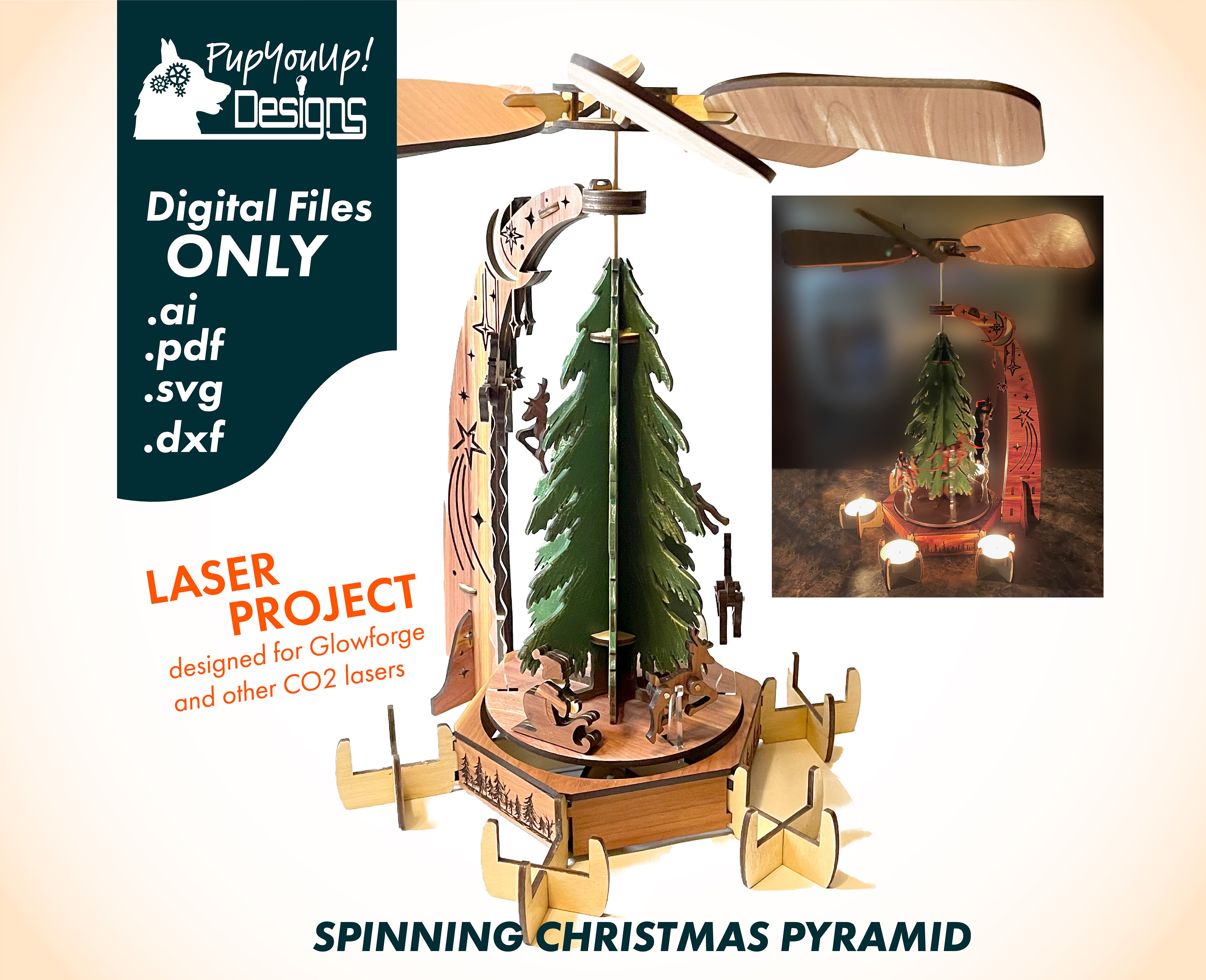 Santa & Reindeer Christmas Pyramid Candle Spinner Laser