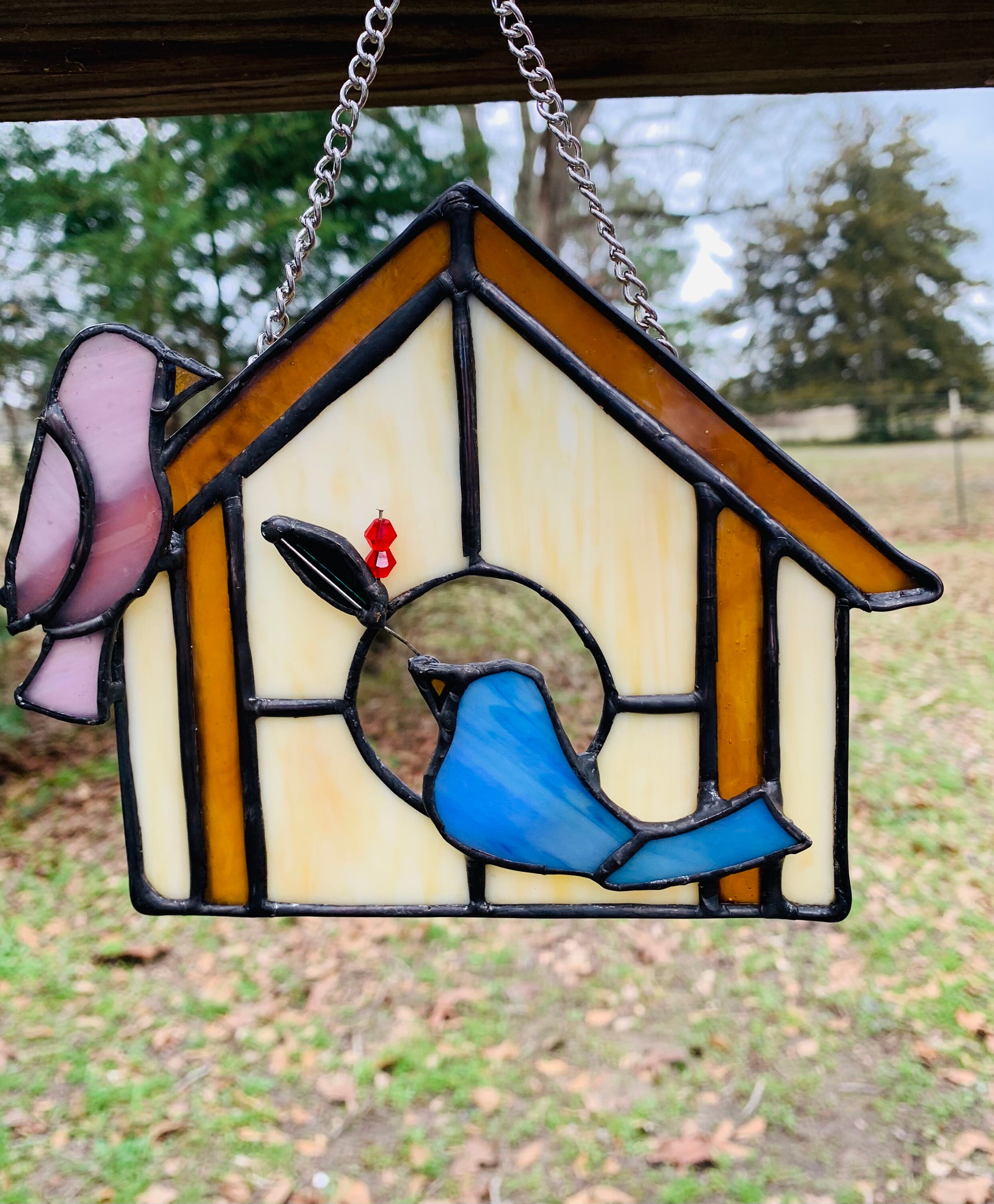Cute Mothers Day gift. Stained glass birdhouse. Pink and blue Etsy