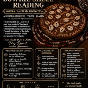 May include: An advertisement for a 1-hour Cowrie Shell Reading, a Yoruba/Santería divination practice. The image features cowrie shells, candles, and text describing the service, including ancestral guidance and clarity. The reading offers insight into life path and spiritual alignment.