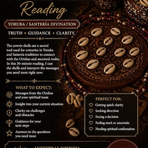 May include: An advertisement for a 30-minute Cowrie Shell Reading. The image features cowrie shells, a lit candle, and text describing the reading's purpose, including guidance and clarity. The reading is rooted in Yoruba and Santería traditions.