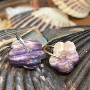 Könnte beinhalten: Zwei violette und weiße Muschelblütenohrringe mit silbernen Ringen. Die Ohrringe liegen auf einem Hintergrund aus Muscheln.