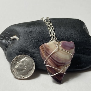 Puede incluir: Un collar de cadena de plata con un colgante de concha de mar púrpura y blanco envuelto en alambre de plata. El colgante es aproximadamente del tamaño de una moneda de diez céntimos de euro.