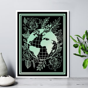 Impression World Foil | Impression Earth Foil | Imprimé floral d’art de terre | Art de la Terre || Impression Planet Foil