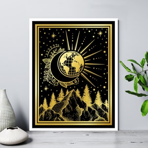 Sun Earth Moon Foil Print | Moon Foil Print | Sun Foil Art Print | Night Scene Foil Print| Mountains Foil Print