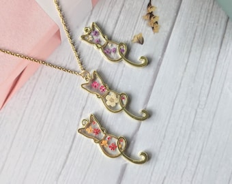 Gold Cat Necklace: Real Plum Blossom Flower Pendant