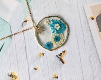 Blue Flower Necklace, Dragonfly Necklace, Plum Blossom Necklace, Plant Necklace, Pressed Flower Necklace, Nature Lover Gift, Self Gift