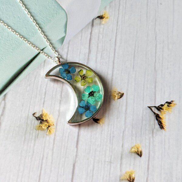 Moon Necklace, Real Flower Necklace, Blue Flower Necklace, Plum Blossom Necklace, Nature Necklace, Celestial Necklace, Nature Lover Gift