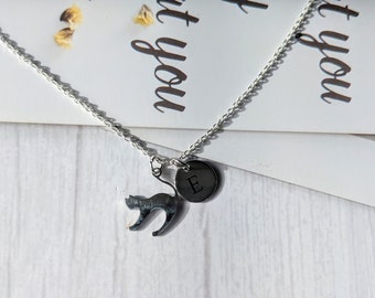 May include: A silver chain necklace with a black cat silhouette charm and a silver disc charm with the letter "E" engraved on it.