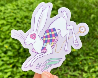 White Rabbit Chase Sticker ~ Alice in Wonderland ~ Vinyl Weatherproof ~ Bunny and Heart by Blookat