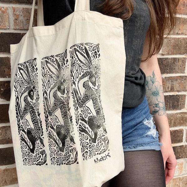 Forest Watcher Tote Bag ~ Hand Printed 100% Natural Cotton ~ Original Block printed ~ Hand Pressed Lino cut ~ by Blookat
