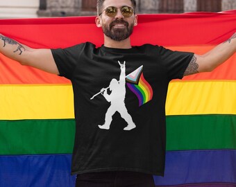 Bigfoot Rock On LGBTQ Progressive New Inclusive Pride Flag T-Shirt, Bigfoot Believes in LGBTQ Rights, LGBTQ Rocks Gift