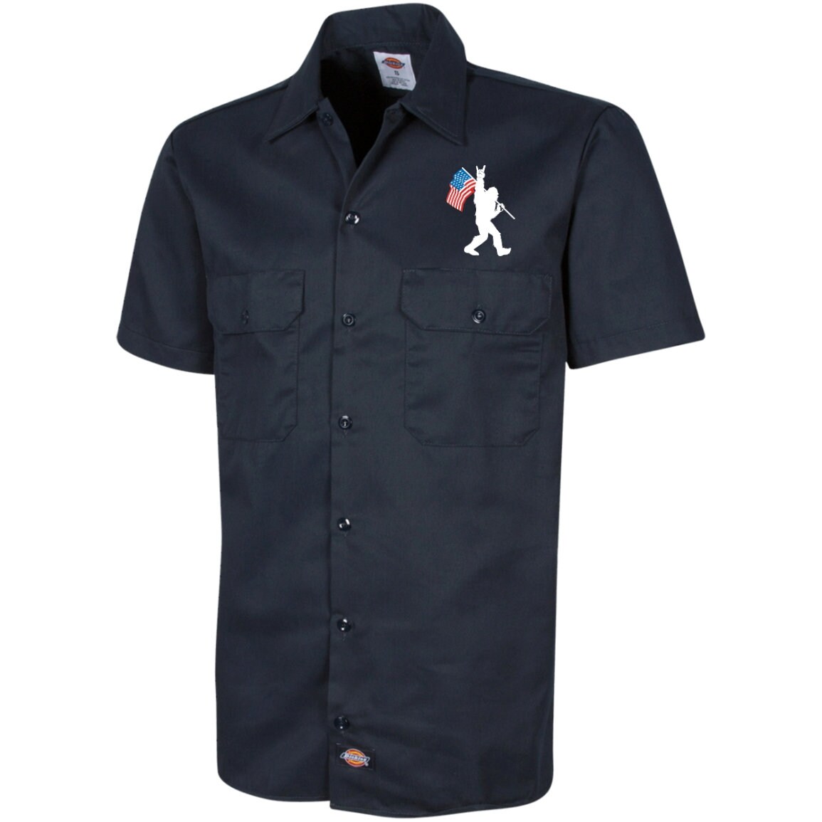 Embroidered Bigfoot USA Flag Men's Short Sleeve Work shirt, Sasquatch Rock On American Flag