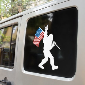 Funny Bigfoot Rock On USA American Flag Sasquatch Kiss-Cut Stickers, Rock On Sasquatch Believer Window Decal