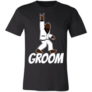 Funny Wedding Groom’s T-Shirt for Bigfoot Believers, Funny Rock On Sasquatch Gift for Groom, Matching Wedding Party T shirts
