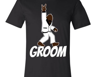 Funny Wedding Groom’s T-Shirt for Bigfoot Believers, Funny Rock On Sasquatch Gift for Groom, Matching Wedding Party T shirts