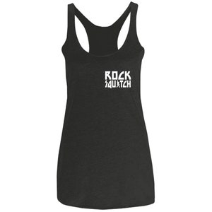 Damen Bigfoot Rock auf Rocksquatch Triblend Racerback Tank vorne und hinten Druck, Bigfoot Rock und Roll Geschenk für Sie