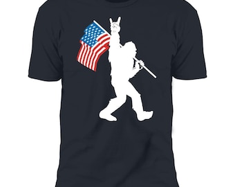 Bigfoot Rock and Roll American Flag Short Sleeve T-Shirt