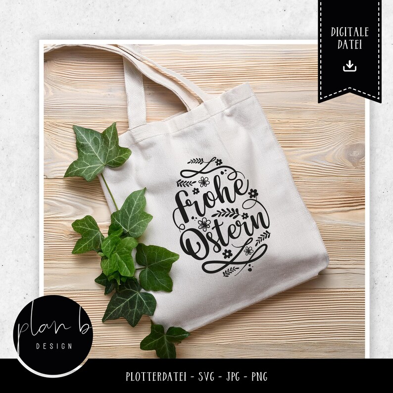 K&ouml;nnte beinhalten: Eine wei&szlig;e Einkaufstasche mit einem schwarzen Design, auf dem "Frohe Ostern" in einer dekorativen Schriftart mit floralen Akzenten steht.