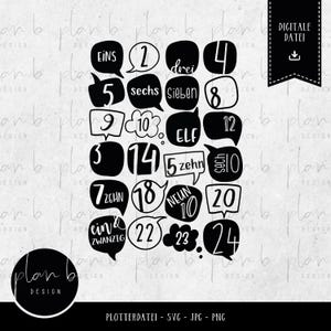 Może przedstawiać: Czarno-biały projekt dymków z numerami od jednego do dwudziestu czterech w języku niemieckim. Numery są napisane w zabawnym, odręcznym stylu.