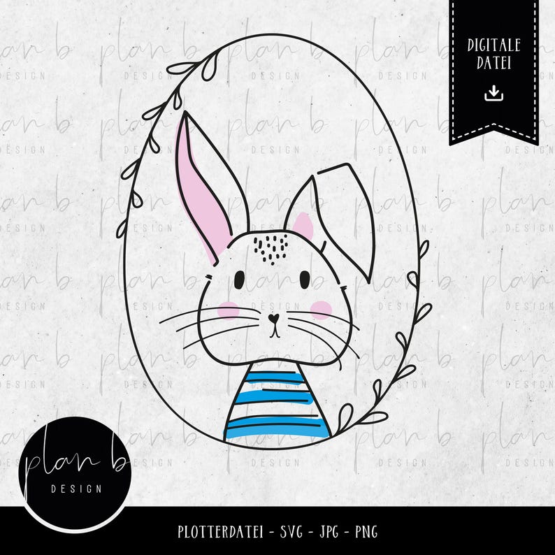May include: A black and white line drawing of a bunny rabbit wearing a blue and white striped shirt. The bunny is inside a circle with a leafy border.