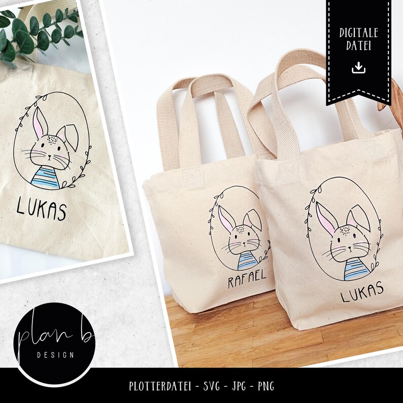 May include: Two white canvas tote bags with black bunny illustrations and the names "Lukas" and "Rafael" printed on them. The bags have black handles and are sitting on a wooden surface.