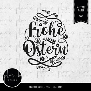 K&ouml;nnte beinhalten: Schwarz-wei&szlig;es Grafikdesign mit dem Text "Frohe Ostern" umgeben von floralen Elementen.