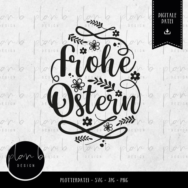 K&ouml;nnte beinhalten: Schwarz-wei&szlig;es Grafikdesign mit dem Text "Frohe Ostern" umgeben von floralen Elementen.