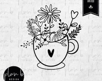 Plotter file, spring greeting, flowers, cup, coffee cup, heart, spring, for pillows, T-shirts and much more. SVG, JPG, PNG
