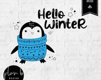 Archivo plotter, pingüino de invierno, Hola invierno, nieve, abrigo, camisa infantil, SVG, PNG, JPG