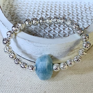 Aquamarine Birthstone Bracelet For Women, Tranquility Stone Bracelet, Silver Beaded Bracelet, Chunky Geometric Blue Beaded Bracelet