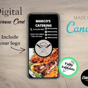 Digitaal cateringvisitekaartje voor iPhone | Voedselbezorging | Gepersonaliseerde visitekaartje | Ondernemer | Canva-sjabloon,| Ideeën voor restaurants