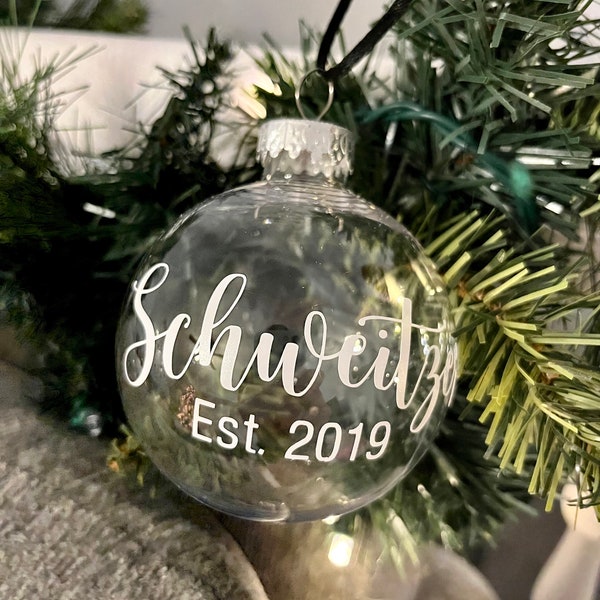 Clear Fillable Christmas Ornament, Customizable Wedding Date Holiday Ornament, Customizable Name and Date Clear Ornament