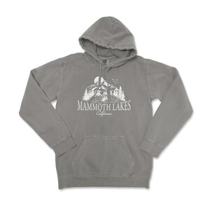 a gray hoodie with the mammoth lakes logo on it