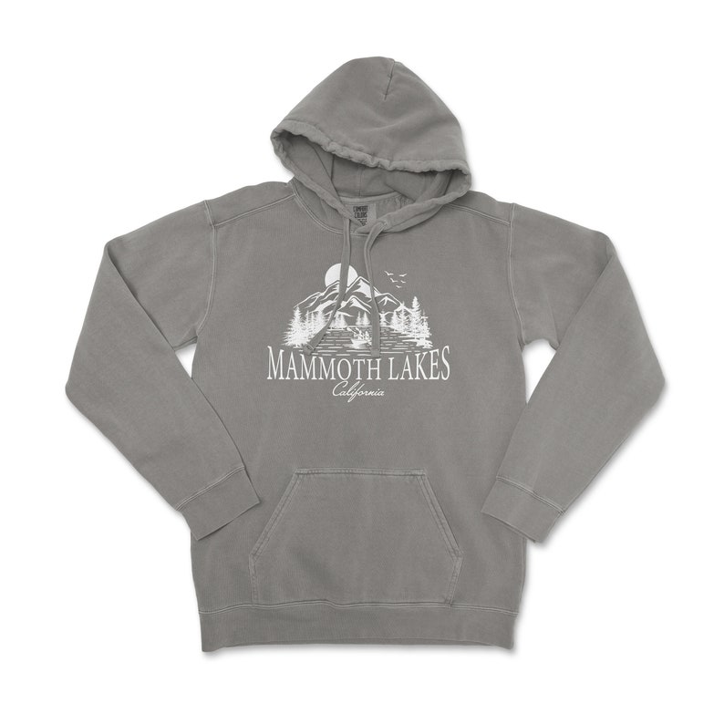a gray hoodie with the mammoth lakes logo on it