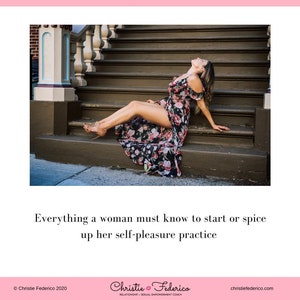 May include: A book cover with a pink background and the title "Sex Yourself" in cursive. Below, a woman in a floral dress reclines on outdoor steps. The text reads, "Everything a woman must know to start or spice up her self-pleasure practice."