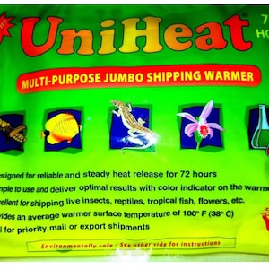 May include: Green and yellow UniHeat Multi-Purpose Jumbo Shipping Warmer with a 72+ hours heat duration. The package features a color indicator to show the warmer's temperature. It is designed for shipping live insects, reptiles, tropical fish, flowers, and other items. The package states that it provides an average warmer surface temperature of 100° F (38° C).