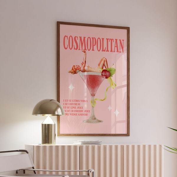 Cosmopolitan Cocktail Retro Pinup Girl Wall Print, Bar Cart Aesthetic, Cute Girly Wall Decor, Trendy Posters, Preppy, Retro Wall Art