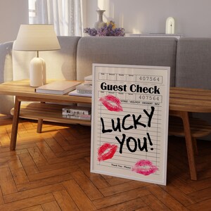 Lucky You Kisses Guest Check Trendy Wall Art, Wall Art Prints, Bar Cart Aesthetic Posters Retro Art Print Girly Pink