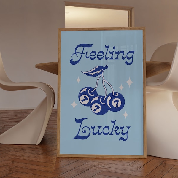 Feeling Lucky 8 Ball Quote Blue Wall Print, Trendy Poster Print, Retro Wall Decor, Large Wall Art, Blue Wall Art Prints