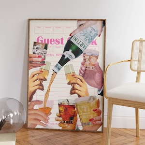Gastcontrole roze vintage handen retro collage trendy kunst, kunst aan de muur wordt afgedrukt, barwagen esthetische posters kunstprint cocktails girly preppy