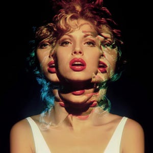 May include: A surreal portrait of a woman with red lips and multiple superimposed faces. The woman wears a white top against a black background. The image has a vintage, artistic aesthetic with color gradients.
