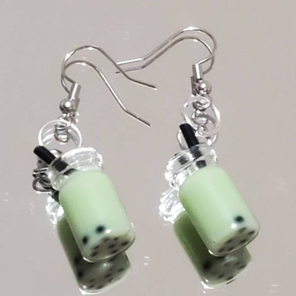 Green boba tea earrings, handmade dangle earrings, boba tea earrings, green earrings, kawaii earrings