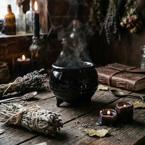 May include: A small, black, three-legged ceramic cauldron sits in the center, emitting wisps of smoke. The cauldron is surrounded by bundles of dried herbs, two small lit black candles, a leather-bound book, and metal spoons.