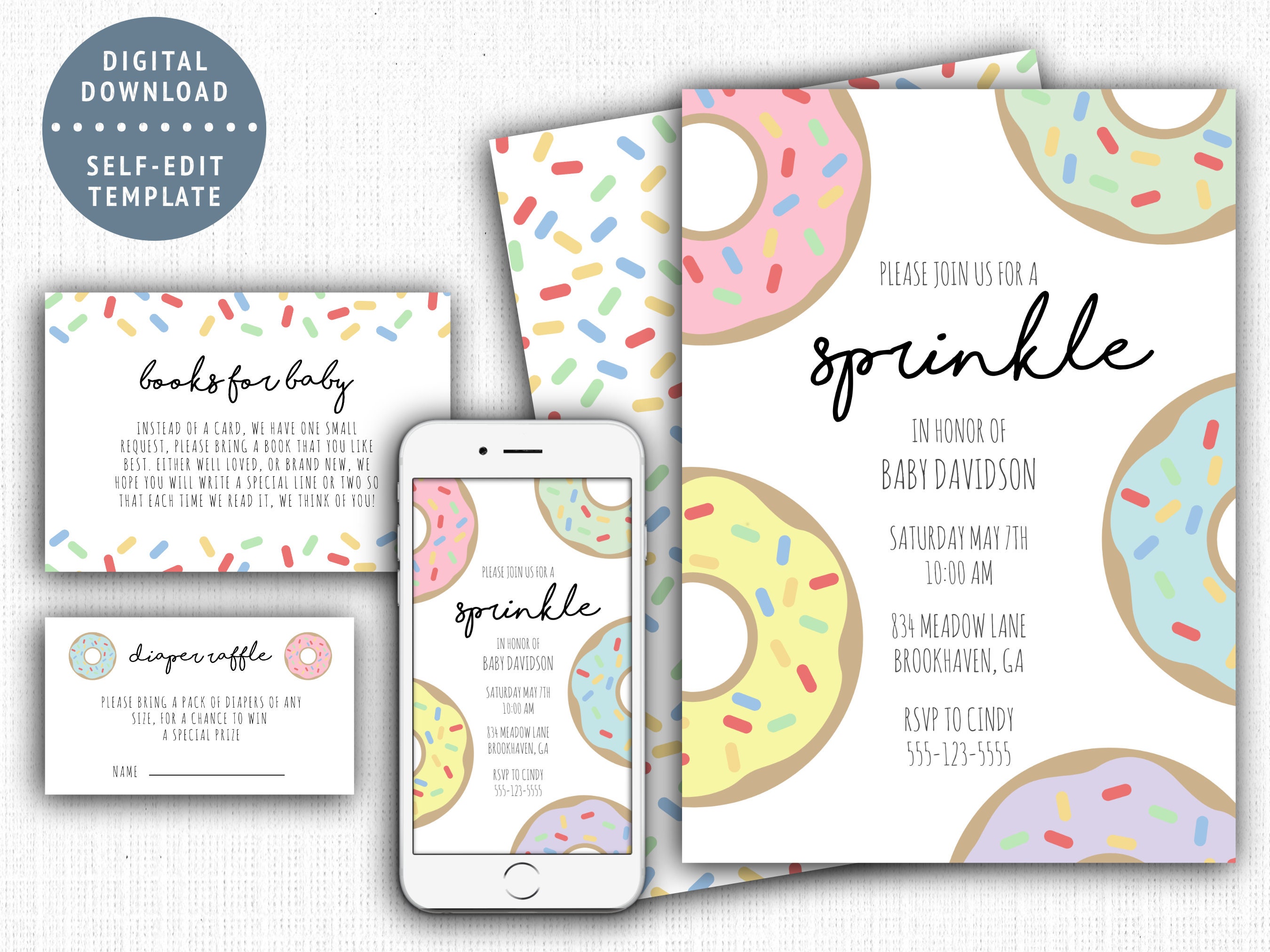 Donut Sprinkle Invitation Template, Baby Shower Diapers and Donuts