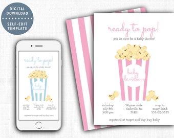 Popcorn Baby Shower Invitation Template, Ready to Pop Baby Sprinkle Evite, Pop on Over Birthday Digital Invite