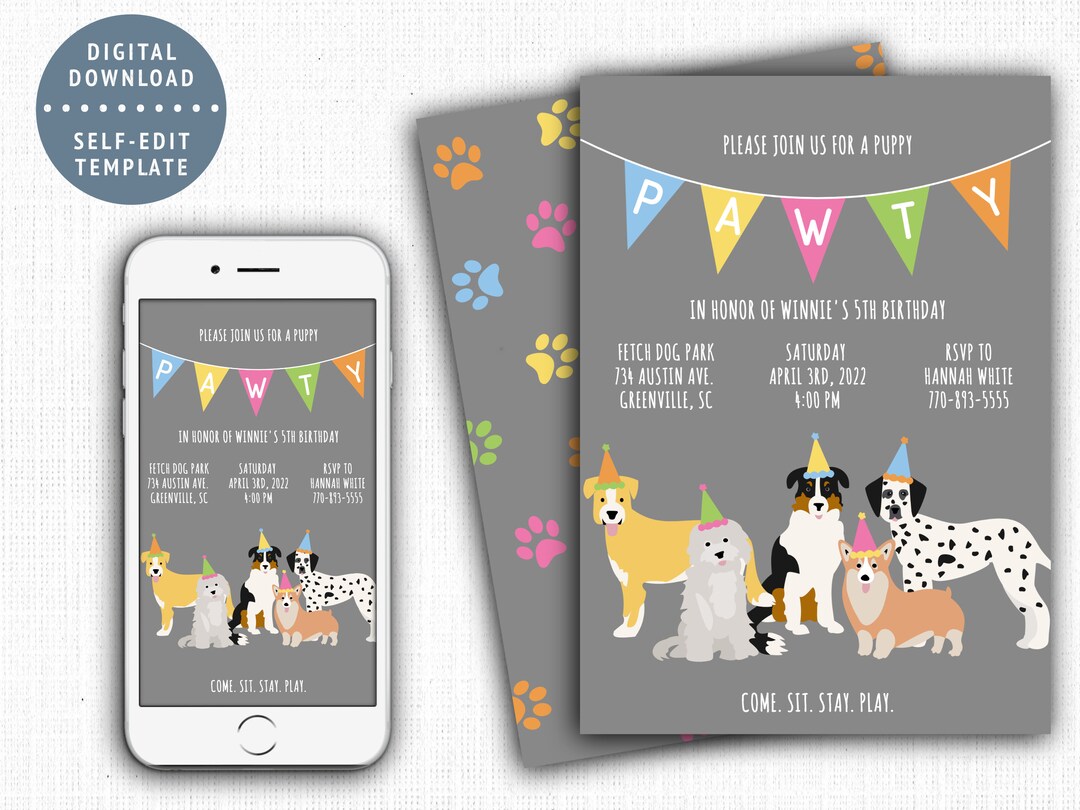Dog Birthday Party Invitation Template, Puppy Pawty Evite, Dog Play ...