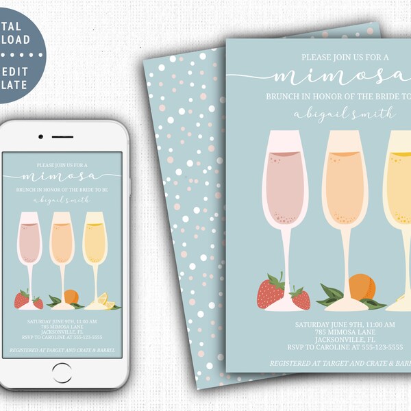 Mimosa Brunch Bridal Shower Invitation Template, Champagne Toast Baby Shower Evite, Bubbly Breakfast Shower Digital Invite